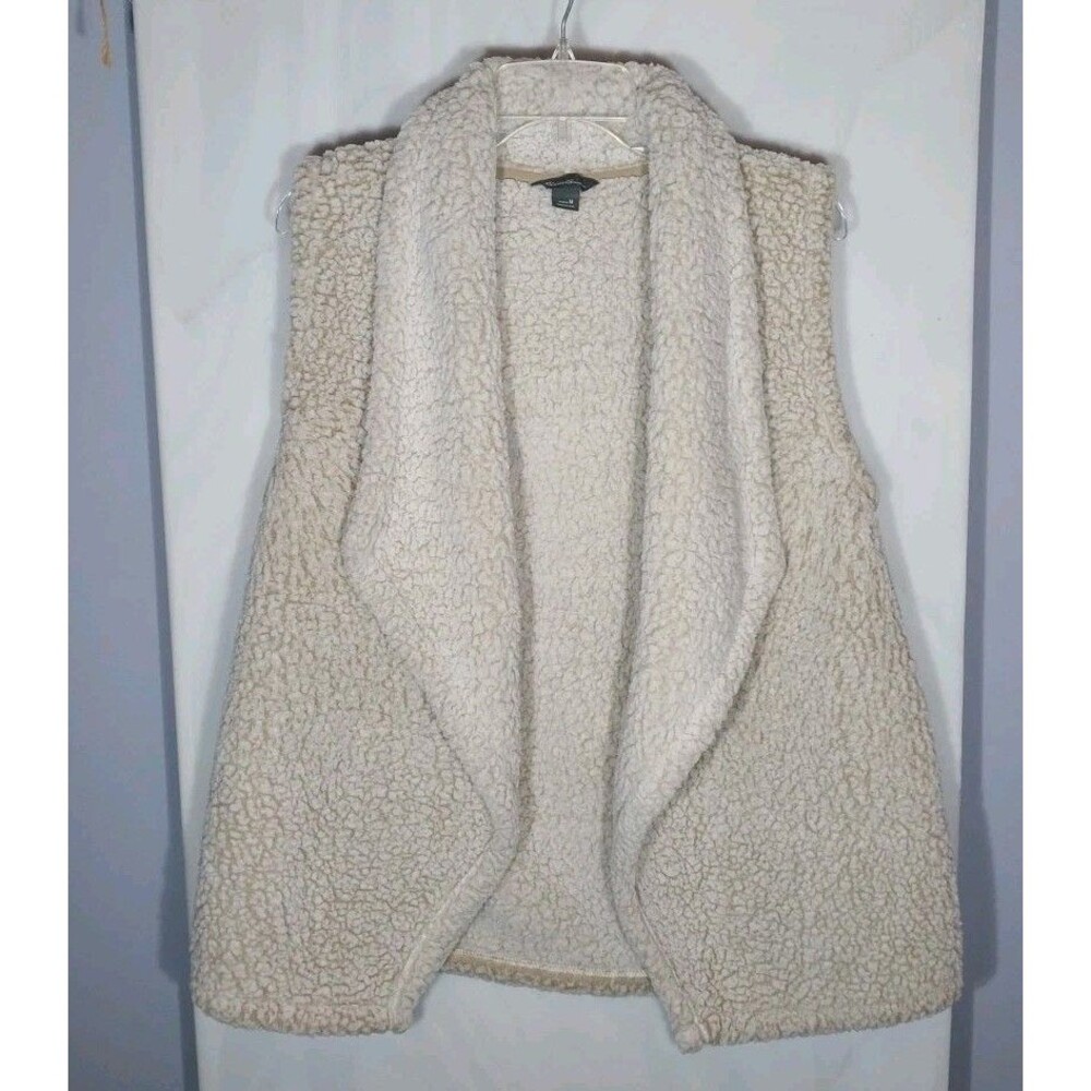 Eddie Bauer Women's Sherpa Fleece Vest M Tan Cream Open Front Cozy Soft Cabin
